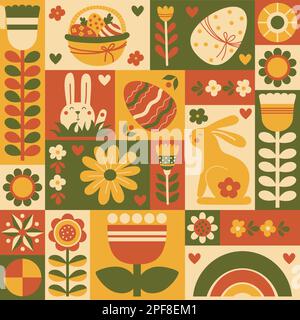 Retro Easter minimalistic background poster. Modern square geometric pattern from tiles with rabbit, basket, flowers and geometric shapes in flat styl Stock Vector