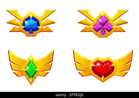 Heart, spade, club and diamond. Set of colored award badges for casino and 2D game. Stock Vector
