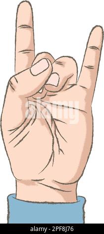 Retro styled color illustration with a rough texture of a hand making the symbol of rock and roll. Stock Vector