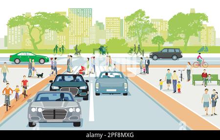 City landscape with road traffic and pedestrians on the zebra crossing ...
