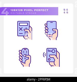 Hands with mobile devices pixel perfect RGB color icons set Stock Vector