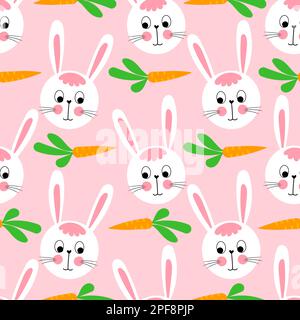 Bunny baby rabbit pattern design with bunny heads and carrots - funny hand drawn doodle, seamless pattern. Lettering poster or t-shirt Happy Easter de Stock Vector
