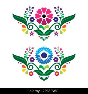 Mexican traditional floral embroidery style vector design composition with flowers, vibrant pattern inspired by folk art from Mexico Stock Vector