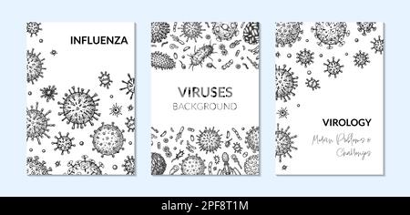 Set of virus vertical backgrounds in sketch style. Hand drawn bacteria, germ, microorganism. Microbiology scientific design. Vector illustration in sk Stock Vector