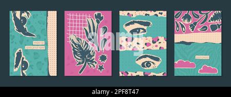 Set of abstract posters in pink and turquoise colors. Floral patterns, emotional eyes, various abstract shapes in the compositions. Vector Stock Vector