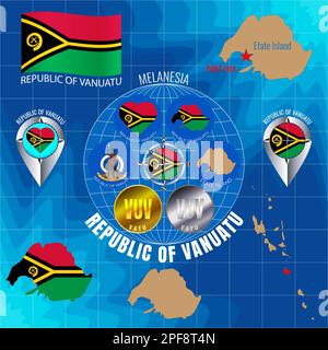 Set of illustrations of flag, outline map, Vanuatu icons. Travel concept. Stock Photo