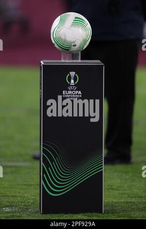 London, UK. 16th Mar, 2023. The match ball. UEFA Europa conference league, last 16, 2nd leg match, West Ham Utd v AEK Larnaca at the London Stadium, Queen Elizabeth Olympic Park in London on Thursday 16th March 2023 . this image may only be used for Editorial purposes. Editorial use only pic by Megan Ewens/Andrew Orchard sports photography/Alamy Live news Credit: Andrew Orchard sports photography/Alamy Live News Stock Photo