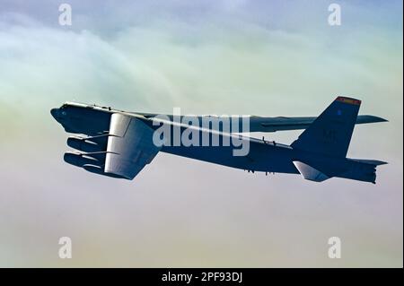 Minot Air Force Base, North Dakota, USA. 27th Jan, 2023. A B-52H Stratofortress, manned by 69th Bomb Squadron Airmen, flies over the U.S. Northern Command area of responsibility, Jan. 27, 2023. The 69th BS conducted close air support training in support of a strategic deterrence mission. (photo by Senior Airman Zachary Wright) Credit: U.S. Air Force/ZUMA Press Wire Service/ZUMAPRESS.com/Alamy Live News Stock Photo