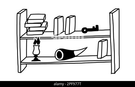Shelves with magic books in outline doodle style. Vector illustration isolated on white background. Stock Vector