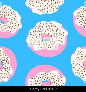 Seamless pattern of donut rings in cartoon flat style. chocolate sprinkles, white cream and pink glazed base in flat style. Sweet bakery. Vector color Stock Vector