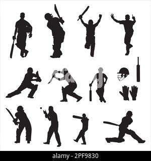 Cricket player silhouettes Collection, Set of cricket players' silhouette Stock Vector