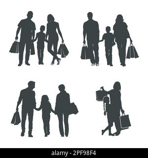 Family shopping silhouettes, Happy family shopping silhouettes Stock Vector