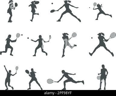 Female tennis player silhouettes, Tennis player silhouette, Woman tennis player vector, Tennis player SVG, Tennis silhouettes Stock Vector