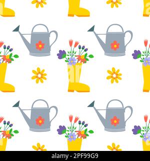 Cute colorful spring pattern with yellow rubber boots and watering can. Bright floral design, summer flower in boots. Gardening planting textile print Stock Vector