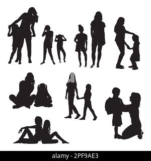 Mother and daughter silhouettes, Mother and child silhouette set Stock Vector