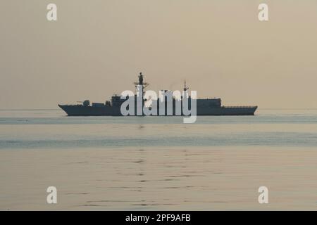 230312-N-NH267-1539 GULF OF OMAN (March 12, 2023) Royal Navy frigate HMS Lancaster (FFG 229), sails in the Gulf of Oman, March 12, 2023, during International Maritime Exercise/Cutlass Express 2023. IMX/CE 2023 is the largest multinational training event in the Middle East, involving 7,000 personnel from more than 50 nations and international organizations committed to preserving the rules-based international order and strengthening regional maritime security cooperation. (U.S. Navy photo by Mass Communication Specialist 2nd Class Elliot Schaudt) Stock Photo
