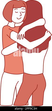 Two girls are hugging. Simple hand drawn line art symbolizes friendship, love and support. Pale orange colors. Isolated on white background Stock Vector