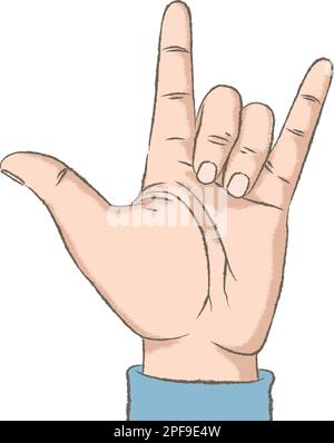 Retro styled color illustration with a rough texture of a hand showing the I Love You sign, or Rock sign. Stock Vector