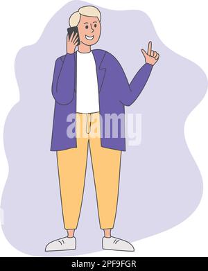 Cartoon hand drawn male talking on the phone. Simple hand drawn design, bright colors. Young busy man with a phone and raised forefinger. Avatar for a Stock Vector