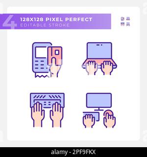 Hands using devices pixel perfect RGB color icons set Stock Vector
