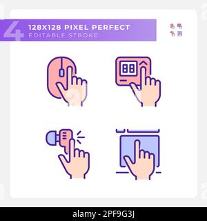 Hands pressing keys on devices pixel perfect RGB color icons set Stock Vector