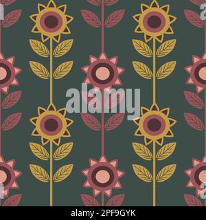 Stylized sunflower seamless vector pattern background. Vintage retro color flowers backdrop. Earthy geometric botanical design. Decorative garden Stock Vector