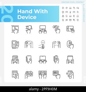 Hands with devices pixel perfect linear icons set Stock Vector