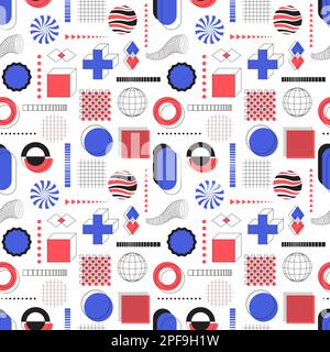 Seamless pattern with abstract graphic elements and bold geometric shapes. Circles, grid, rectangles. Red blue color objects. Bauhaus and brutalism st Stock Vector