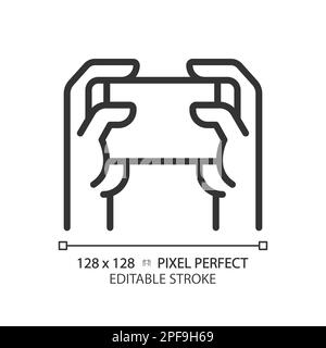 Holding smartphone with two hands pixel perfect linear icon Stock Vector
