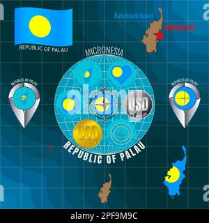 Set of illustrations of flag, outline map, icons of REPUBLIC OF PALAU. Travel concept. Stock Photo