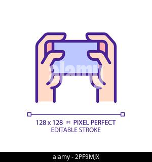Holding smartphone with two hands pixel perfect RGB color icon Stock Vector