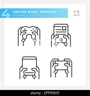 Hands with amusing gadgets pixel perfect linear icons set Stock Vector