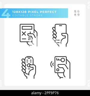 Hands with mobile devices pixel perfect linear icons set Stock Vector