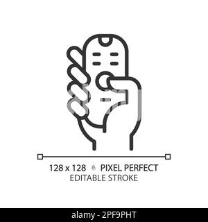 Hand with remote control pixel perfect linear icon Stock Vector