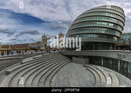 The Scoop is an outdoor ampitheatre situated on the south side of the River Thames near Tower Bridge in central London. Located next to City Hall, the Stock Photo