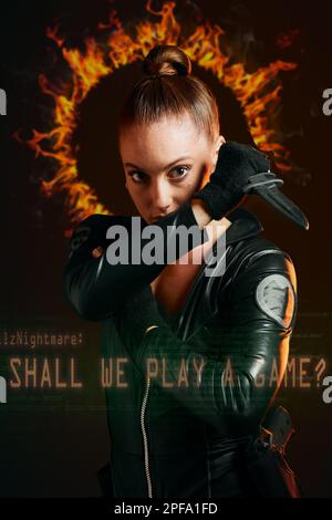Woman, warrior and vigilante in cosplay with dagger ready for battle, war or game against a dark studio background. Portrait of serious female in Stock Photo