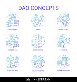 Decentralized autonomous organizations blue gradient concept icons set Stock Vector