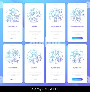 DAO elements and usage purpose blue gradient onboarding mobile app screens set Stock Vector