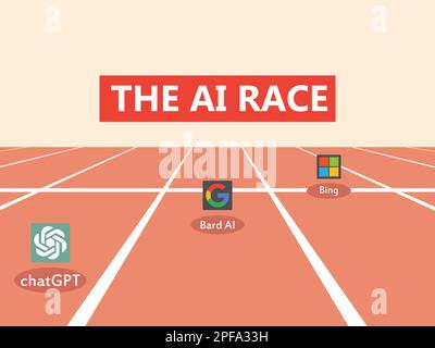 chatgpt bard and bing ai competition comparison concept. ai race depiction concept. modern ai text generator software comparison Stock Vector