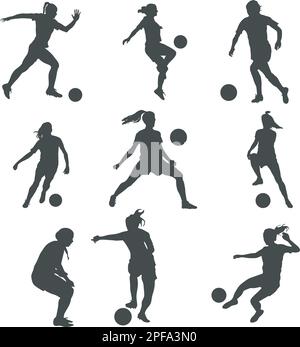 Women Soccer player silhouette, girl player vector, female soccer football player silhouette Stock Vector