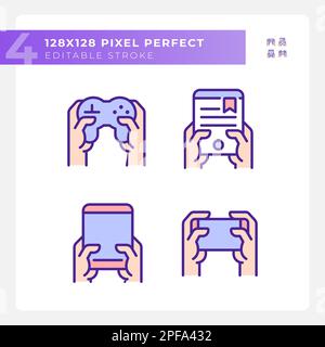 Hands with amusing gadgets pixel perfect RGB color icons set Stock Vector