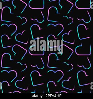 Cool seamless pattern with bright neon hearts isolated on black background. Gradient turquoise, purple and pink heart aesthetic square template for Stock Vector