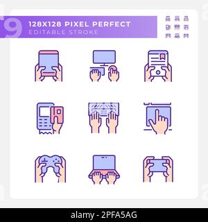 Hands using gadgets pixel perfect RGB color icons set Stock Vector