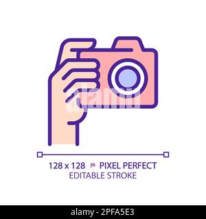 Hand with camera pixel perfect RGB color icon Stock Vector