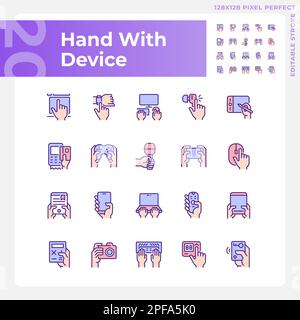 Hands with devices pixel perfect RGB color icons set Stock Vector