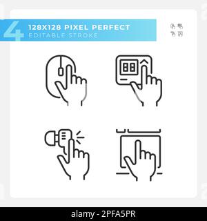 Hands pressing keys on devices pixel perfect linear icons set Stock Vector