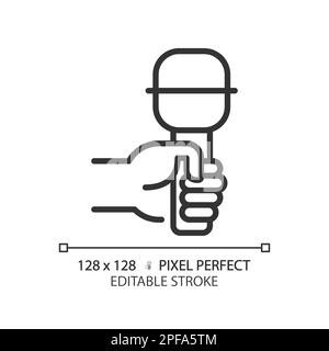 Hand with microphone pixel perfect linear icon Stock Vector