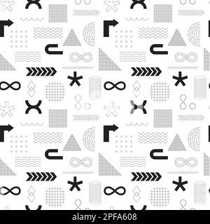 Black and white seamless pattern with abstract geometric, bold, linear, outline shapes. Brutalism, retro futurism style. inspired. For web design, cov Stock Vector