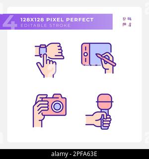 Hands with different devices pixel perfect RGB color icons set Stock Vector