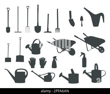 Garden tools silhouette, Gardening tools and equipment silhouette, Garden tools vector Stock Vector